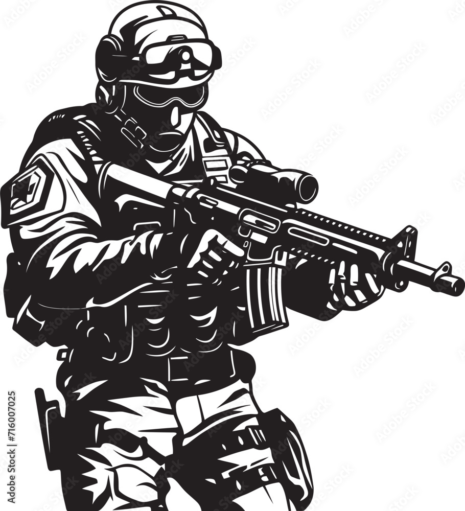 Fototapeta premium Combat Sentinel Vector Soldier with Gun Black Icon in Elegant Style Sleek Racer Vector Black Icon Design for Sportscar Lineart Logo