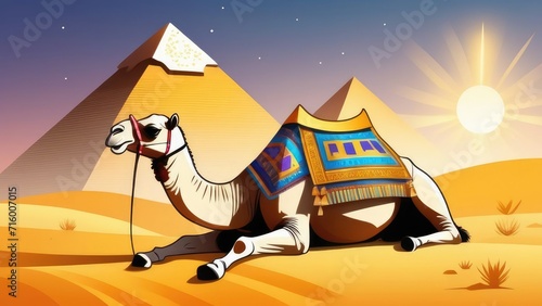 A camel in the middle of the desert against the backdrop of pyramids and the sun. Holidays and tourism in the warm country of Egypt