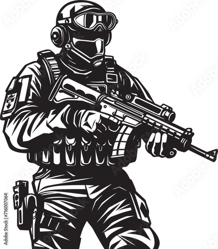 Combat Dominance Vector Black Icon Design for Gun Wielding Soldier Commando Guardian Elegant Soldier with Gun Logo in Vector