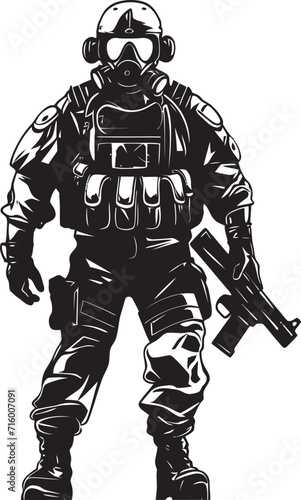 Battlefield Vigilance Elegant Vector Soldier with Gun Emblem Tactical Protector Vector Black Icon Design for Soldier Holding Gun