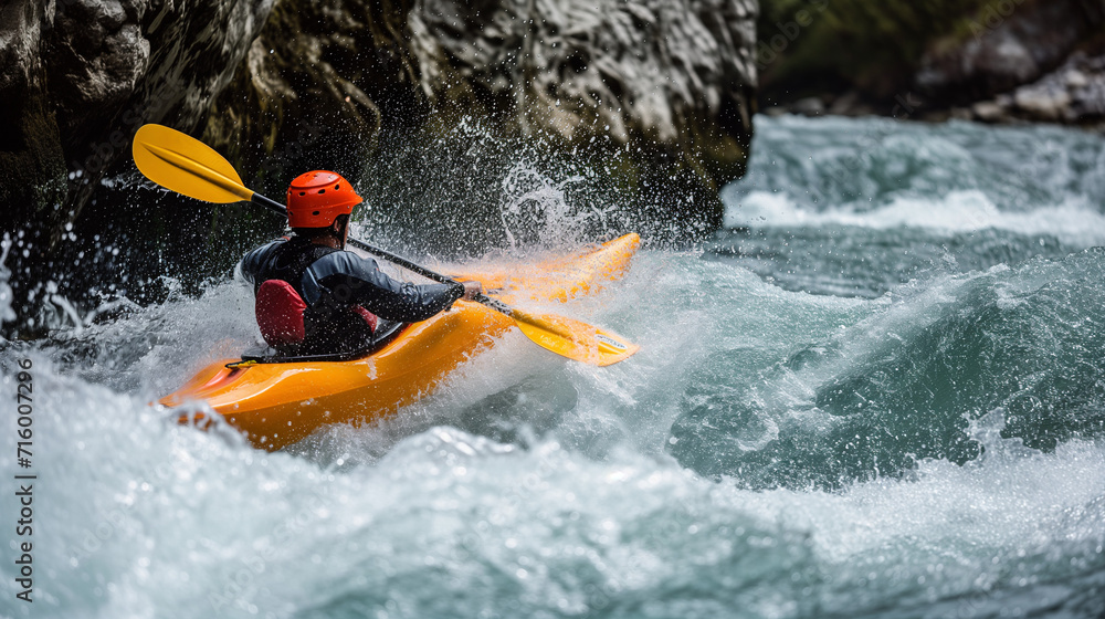 Fototapeta premium Kayaker Navigating Rough River Waters