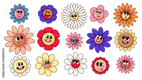 Groovy flower cartoon characters set with different funny expression on face. Retro psychedelic floral mascot collection, cartoon crazy daisy flowers, chamomile stickers of 70s 80s vector illustration