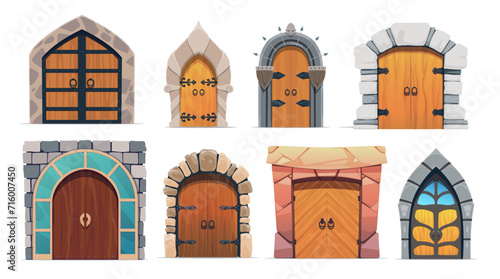 Cartoon medieval castle gates, wooden doors, arch entrance. Vector exterior portals with stone doorways. Wooden fairytale arched entries. Palace architecture elements with forgery and ring knobs set