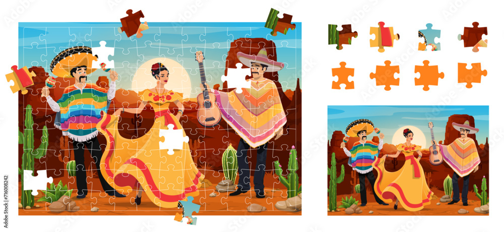 Jigsaw puzzle game pieces with national Mexican characters, vector worksheet for kids. Mariachi musician in sombrero and poncho with guitar, woman in traditional Mexican dress for jigsaw puzzle game
