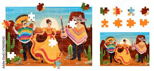 Jigsaw puzzle game pieces with national Mexican characters, vector worksheet for kids. Mariachi musician in sombrero and poncho with guitar, woman in traditional Mexican dress for jigsaw puzzle game