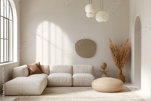 Modern living room design, minimal home decor with white sofa and neutral colors, interior mockup, 3d render photo