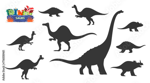Cute dinosaurs cartoon personages silhouettes. Nodosaurus  Hypacrosaurus  Lambeosaurus and Titanosauria  Centrosaurus  Panoplosaurus  Avaceratops and Deinocheirus  Corythosaurus vector silhouettes