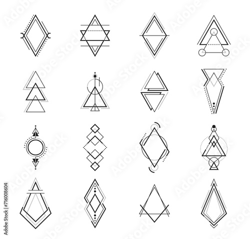 Geometric boho tattoos, vector mystic symbols with bohemian art, alchemy and astronomy line elements, triangles, arrows and circles. Tribal boho tattoos set with ornaments of geometric shapes and dots