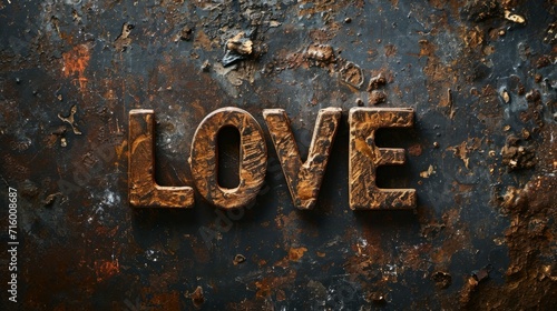 Bronze Love concept creative horizontal art poster. Photorealistic textured word Love on artistic background. Horizontal Illustration. Ai Generated Romance and Passion Symbol.