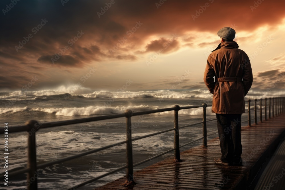a middle-aged man in a cap stands on the pier watching the approaching wave