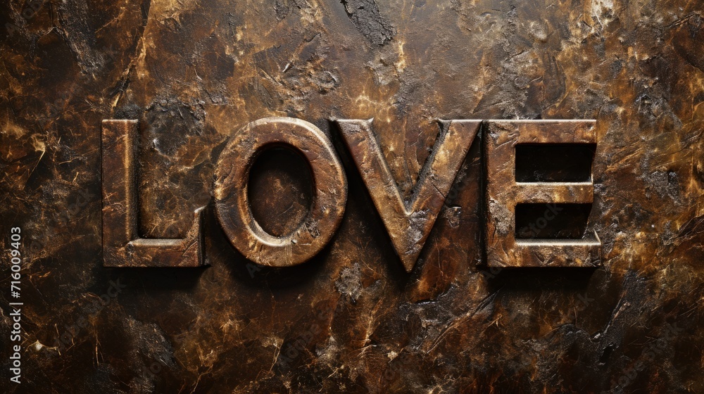 Brown Marble Love concept creative horizontal art poster. Photorealistic textured word Love on artistic background. Horizontal Illustration. Ai Generated Romance and Passion Symbol.
