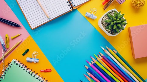 Student creative desk mock up with colorful office supplies and cactus. Back to school. photo