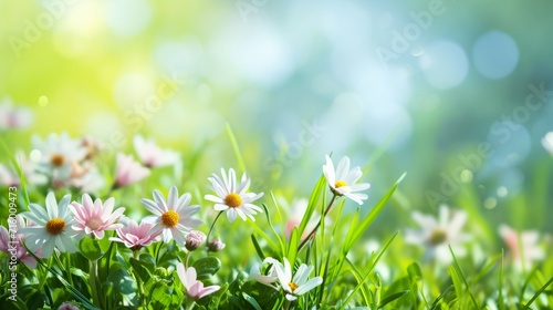 Vibrant Spring Meadow Teeming with Pink and White Wildflowers in Bright Sunlight 