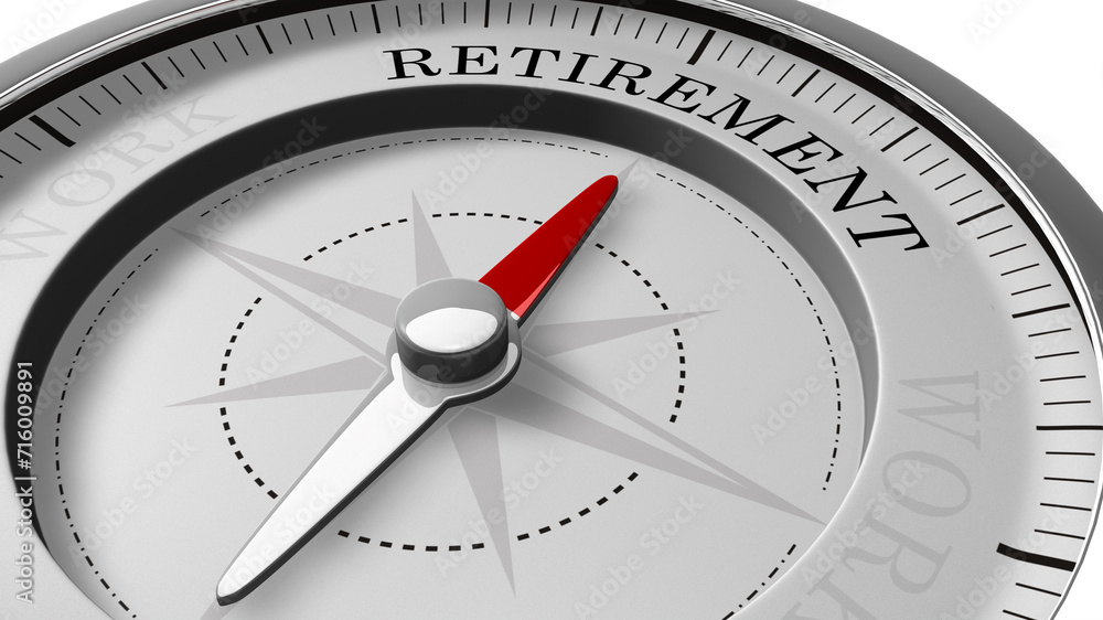 3D Compass with needle pointing at the word retirement, concept image to illustrate retirement planning from work life. 3D Compass with needle pointing at the word retirement, concept image to illustrate retirement planning from work life.