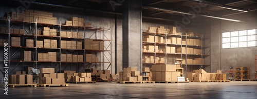Warehouse with a large number of cardboard boxes Generative AI photo