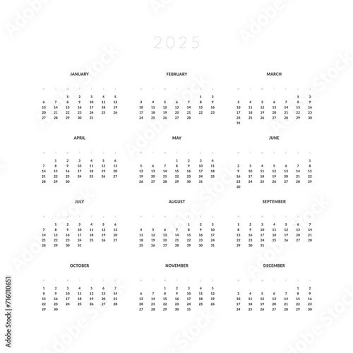 2025 Annual Calendar template in Square shape. Vector layout of a wall or desk simple calendar with week start Monday. Calendar design in black and white color for print