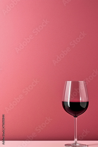 A single glass of red wine on a pink background.