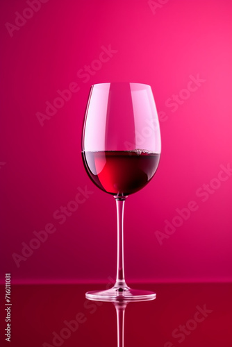 Glass of red wine on a reflective surface against pink background.