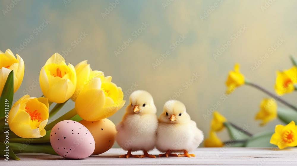 Adorable, cute chickens among spring tulips and daffodils, decorated with eggs for Easter celebration.