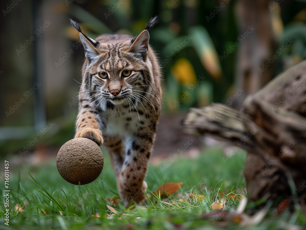 Fototapeta premium A Photo of a Bobcat Playing with a Ball in Nature