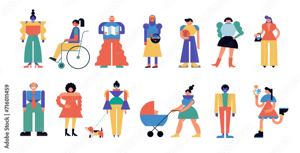 Collection of colorful people characters. Community, family or neighborhood standing together. Fun characters in geometric fun modern style. Colorful concept design.