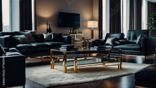 Interior design of a luxurious living room featuring stylish leather furniture