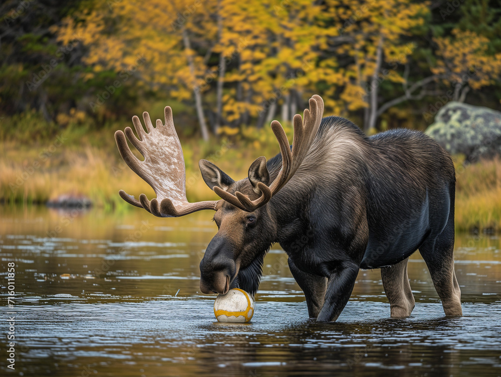 A Photo of a Moose Playing with a Ball in Nature A Photo of a Moose Playing with a Ball in Nature
