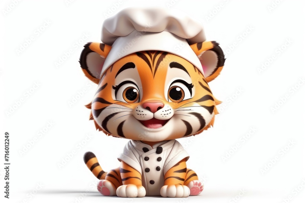 Cute cartoon 3D chef tiger baby whips up smiles in chef cook uniform isolated at white background. Cute cartoon 3D chef tiger baby whips up smiles in chef cook uniform isolated at white background.