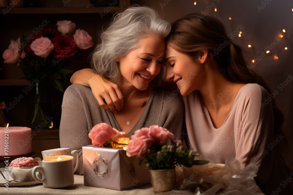 Senior woman happily enjoying the Mother's Day gift from her daughter. Generative AI Senior woman happily enjoying the Mother's Day gift from her daughter. Generative AI