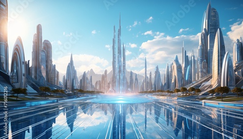 Futuristic Cityscape with Blue Sky and Clouds Generative AI