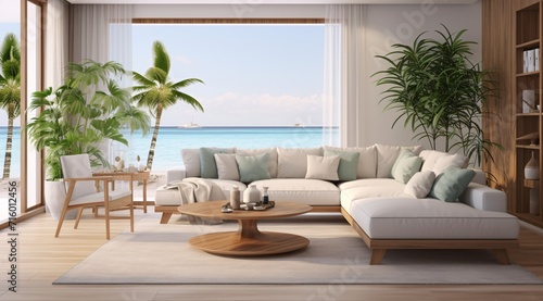 A large white couch with a wooden coffee table in front of a window overlooking the ocean Generative AI