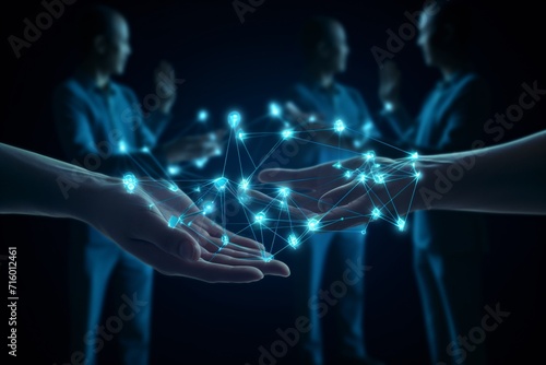 Three men's hands reaching out to each other in a blue, glowing, interconnected network Generative AI