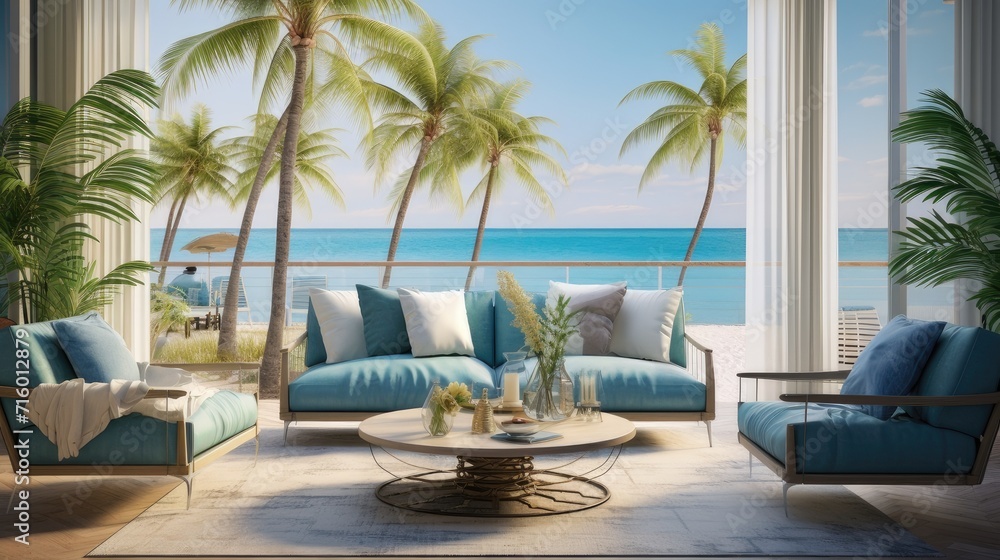Fototapeta premium outdoor spaces of the home, such as patios or terraces, where guests can relax, and nearby attractions, such as the beach or local attractions