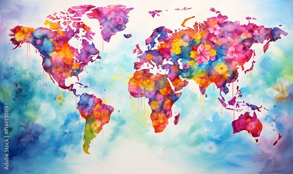 Fototapeta premium A colorful world map with flowers Generative AI