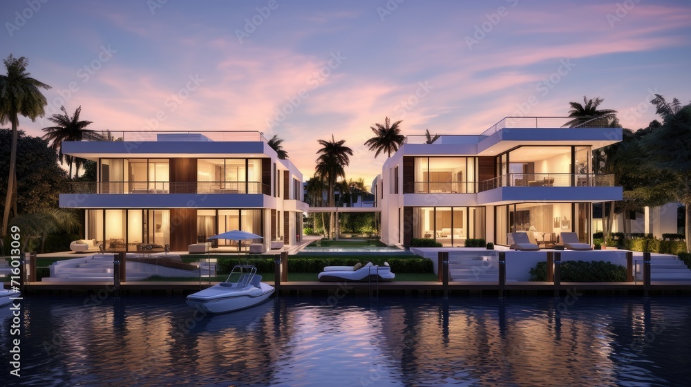 Obraz premium exterior of a house on the embankment, demonstrating the property's proximity to the water. Architectural features, landscaping and outdoor living spaces are highlighted