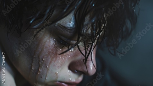 A vulnerable human face, adorned with sparkling water droplets, captured in an intimate closeup, revealing the fragility and beauty of our existence