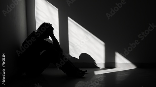 A solitary figure, bathed in shadows and surrounded by stark black walls, sits in silent contemplation on the monochromatic floor, a haunting contrast of light and darkness