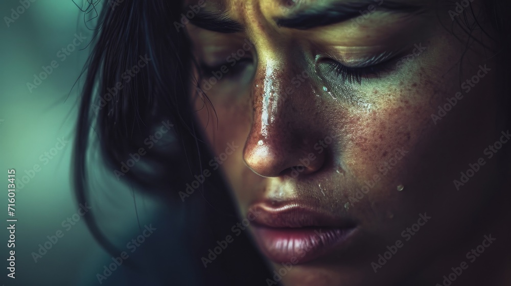A woman's tear-stained face, with perfectly curled eyelashes and dark mascara, is captured in a close-up portrait, revealing raw emotion and the vulnerability of the human experience