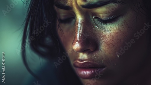 A woman s tear-stained face  with perfectly curled eyelashes and dark mascara  is captured in a close-up portrait  revealing raw emotion and the vulnerability of the human experience