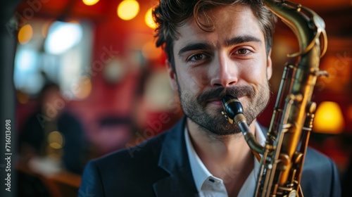 A soulful jazz musician pours his heart out through the smooth, melodic notes of his saxophone, captivating the audience with his musical talent and passion