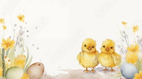 Adorable watercolor illustration of cute yellow chicks, painted eggs and spring flowers for Easter.