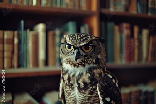 A studious owl perches among a sea of knowledge, adorned with spectacles and surrounded by towering bookshelves in a cozy indoor setting