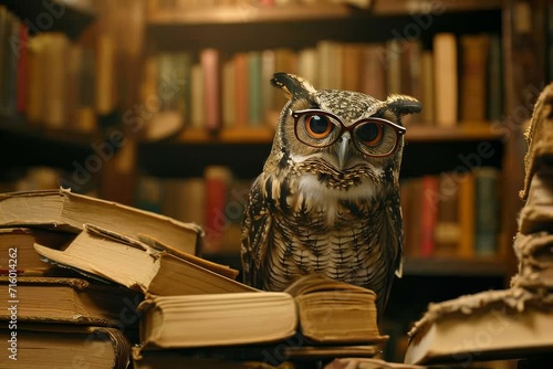 A studious owl perches atop a bookcase, surrounded by shelves of knowledge, ready to dive into the world of words and wisdom photo