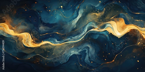 blue and gold abstract wallpaper with floating gold bubbles, in the style of fluid formations, dark cyan and gold © TETIANA