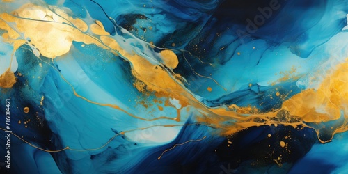 an abstract blue and gold canvas on which a gold medallion is poured, in the style of fluid formations, technology-based art photo