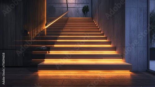 A contemporary home featuring a wooden staircase with hidden LED lighting under each step, creating a warm, inviting ambiance. 8k