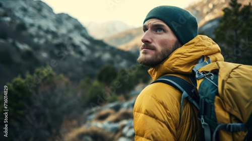 A rugged adventurer stands tall, gazing at the endless expanse of the majestic mountain peaks above, his trusty yellow jacket and hat protecting him from the unpredictable elements of the great outdo photo