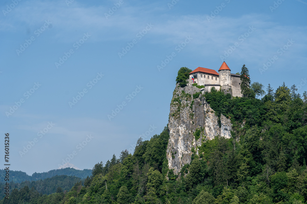 Castle Bled on top of a rock surrounded by forest with a clear blue background