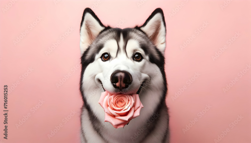 happy cute dog with a rose in his mouth  for valentine day, birthday or anniversary, on a pink background	