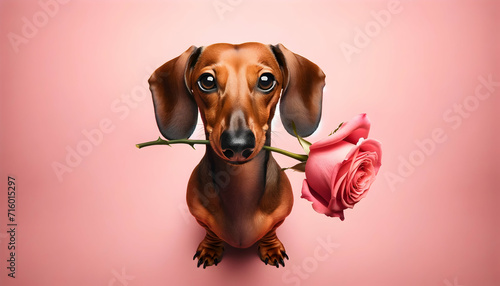 happy cute dog with a rose in his mouth for valentine day, birthday or anniversary, on a pink background 